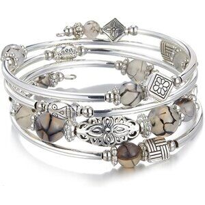 03-Grey Leopard Layered Wrap Bangle Bead Bracelet w/ Agate Stone